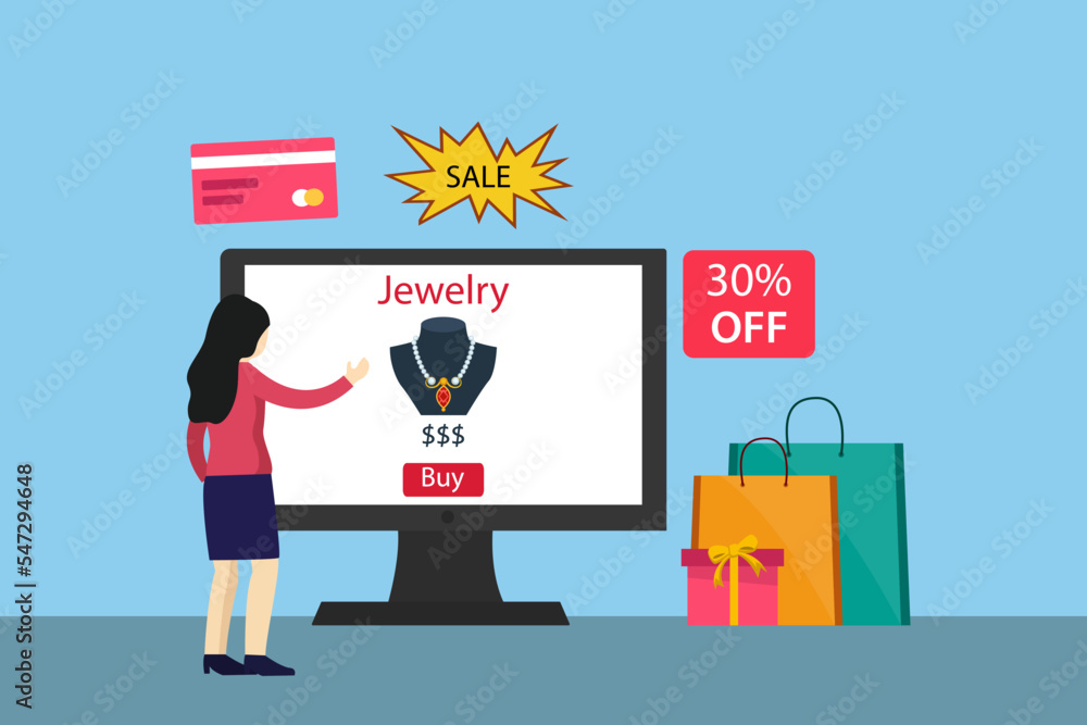 Woman buying jewelry online on a website Woman buying jewelry online on a website