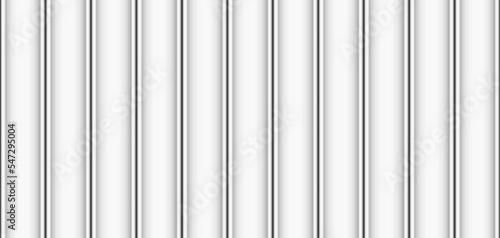 Vector white vertical lines wall. Plastic home siding texture. Urban outdoors metal sheet fence. Iron roof tile. Warehouse industrial gray wall. Silver realistic striped floor seamless pattern