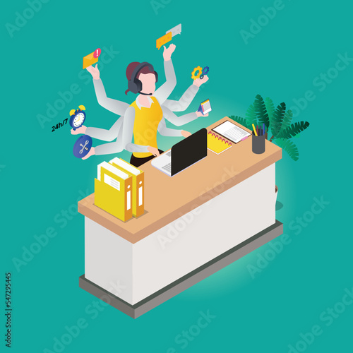 Multitasking vector concept. Female call center doing multitask with many hands while working in the office