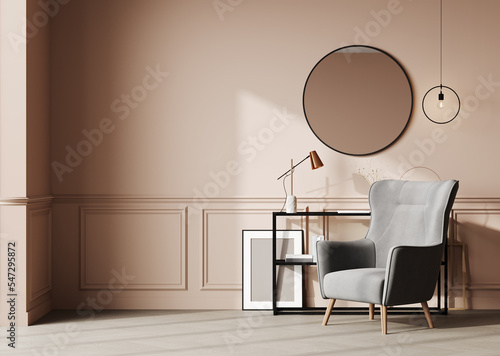 Modern pink classic white interior with moldings, paneling, round mirror, gray chair, wood floor and decorations. 3d render illustration mock up