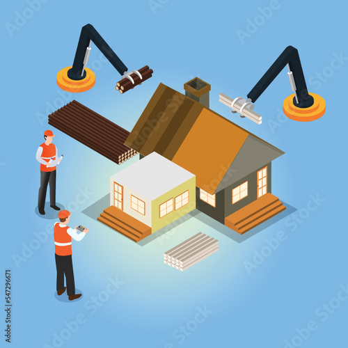 Construction robot arm build a house, 