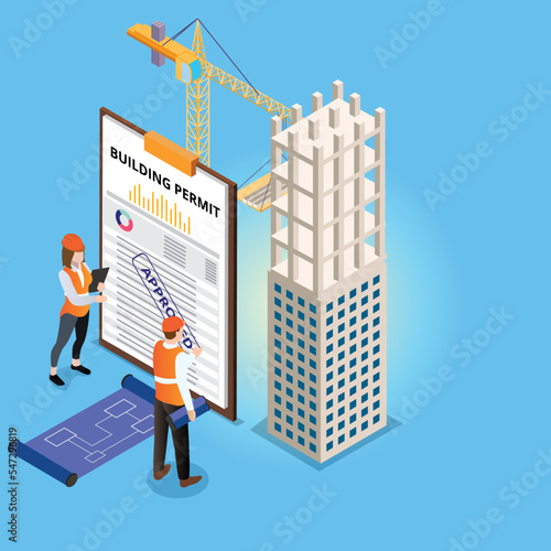 Building permit vector concept. Two architects looking at blue prints while standing with Two architects stand with approved building permit on clipboard