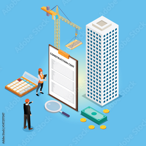 Construction cost vector concept. Two business people counting construction cost while using a calculator near the construction site