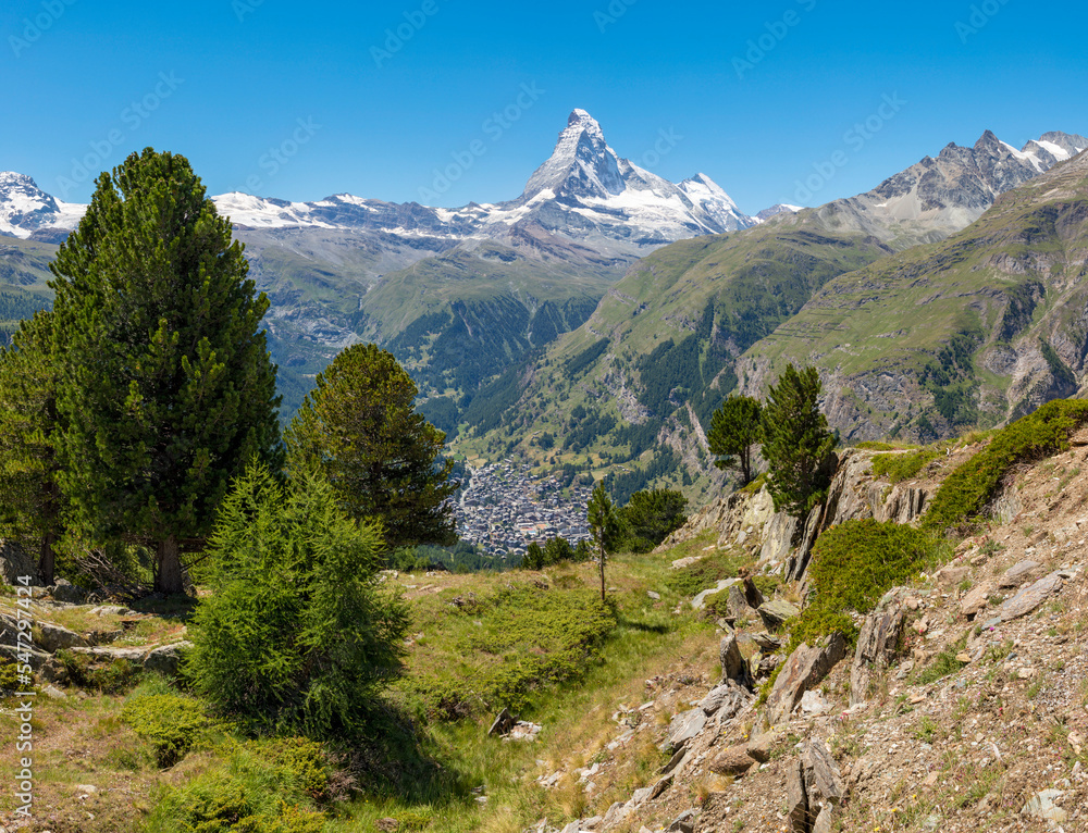 The walliser alps with the Matterhorn peak over the Mattertal valley and Zermatt.