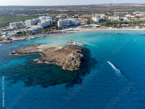 Aerial panoramic view on blue crystal clear water on Mediterranean sea near Nissi beach, Ayia Napa, Cyprus photo