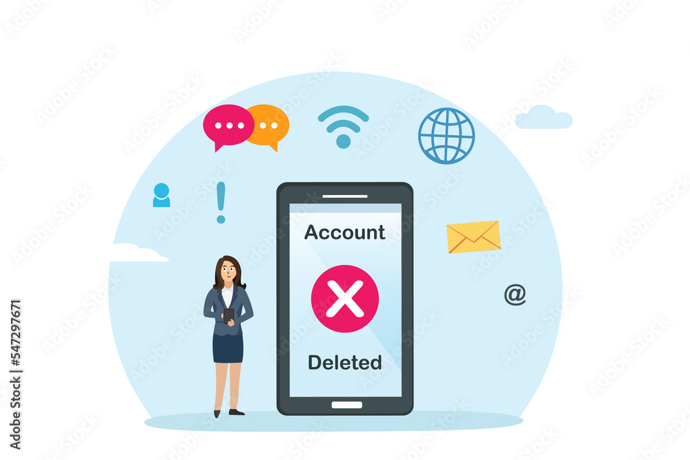 Account deactivation vector concept. Businesswoman using a cellphone application while deleting her account of social media Account deactivation vector concept. Businesswoman using a cellphone application while deleting her account of social media