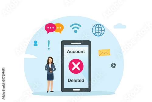 Account deactivation vector concept. Businesswoman using a cellphone application while deleting her account of social media