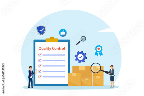 Quality control checklist with business people and cardboard