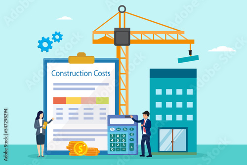 Construction cost vector concept. Two business people counting construction cost while using a calculator near the construction site