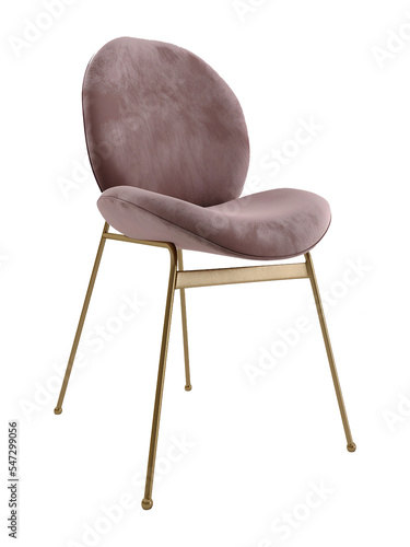 Pink suede and golden dining chair mockup. Perspective. Transparent. Png