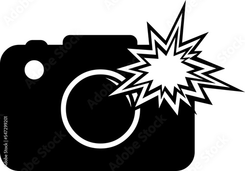 vector illustration of camera photo icon with flash, drawn in black and white