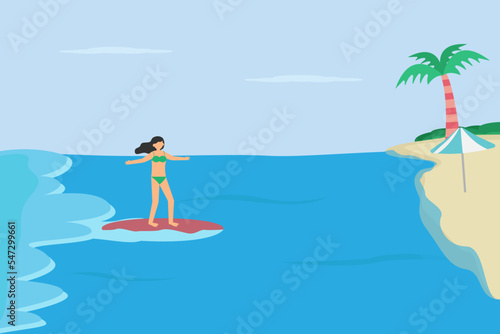 Woman in bikini riding a surfboard on the beach enjoying summer holiday, flat design illustration