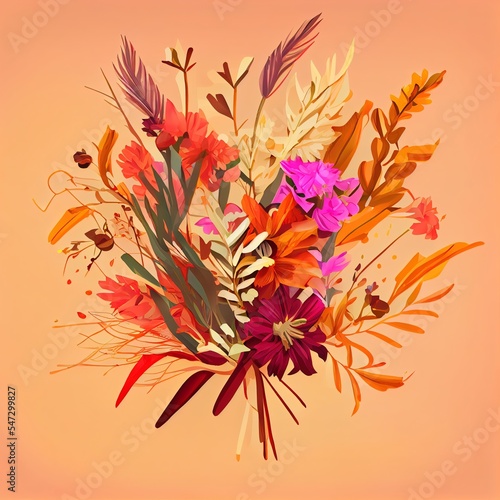 Autumn composition Bouquet of wild flowers on isolated beige background Autumn, fall concept Flat lay, top view, copy space , anime style