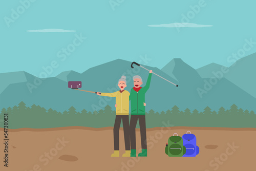 Hiking vector concept: Senior couple take selfie photo with smart phone while hiking in the mountain