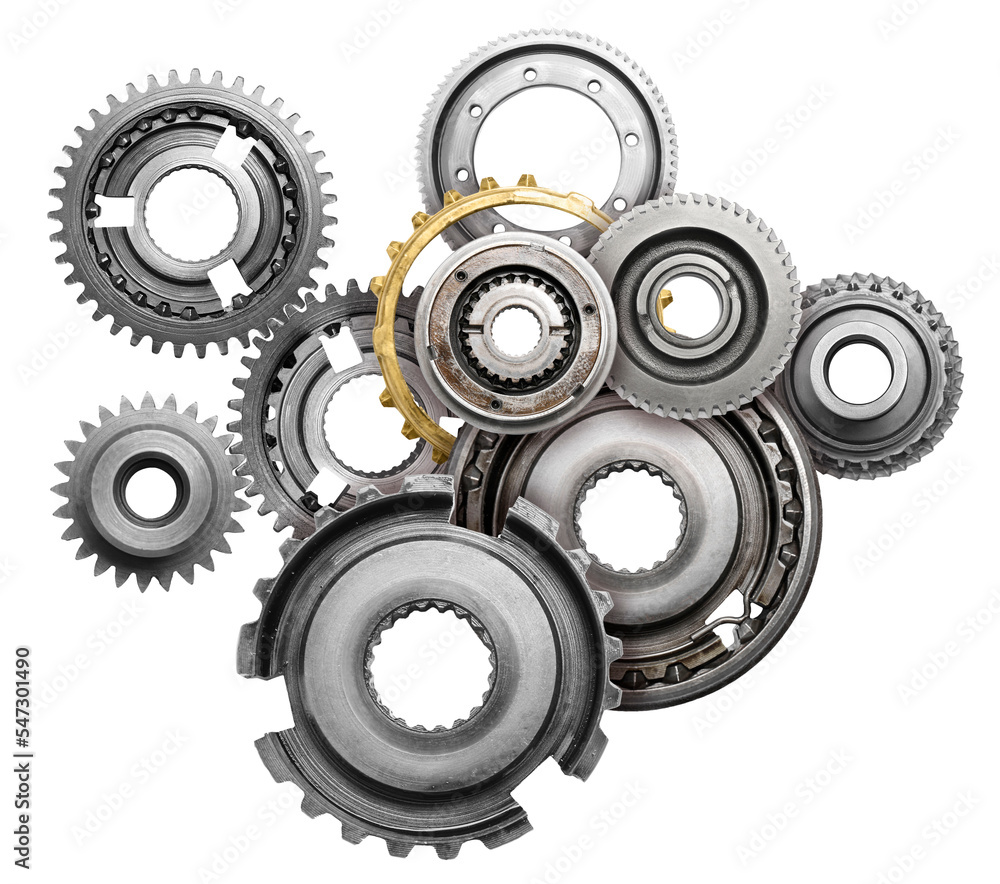 Set with different stainless steel gears on white background, top view Set with different stainless steel gears on white background, top view