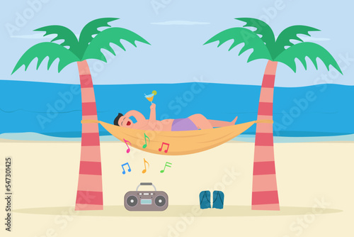 Summer holiday vector concept: Young man listening music in the beach while lying on the hammock