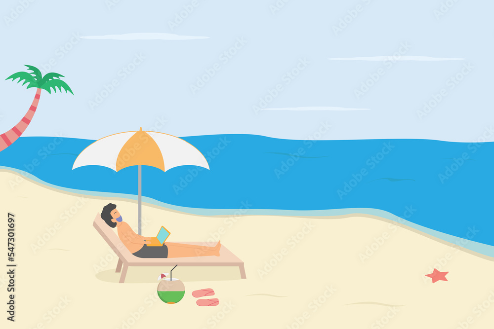 Summer holiday vector concept: Young man using laptop while relaxing in the beach Summer holiday vector concept: Young man using laptop while relaxing in the beach