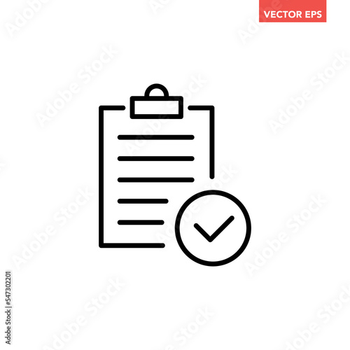 Black single approved clipboard line icon, simple outline office project flat design pictogram, infographic vector for app logo web button ui ux interface element isolated on white background