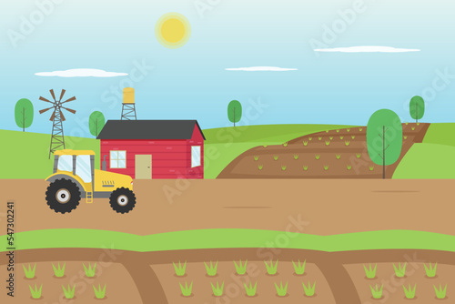 tractor on the field with farmhouse background, flat design illustration