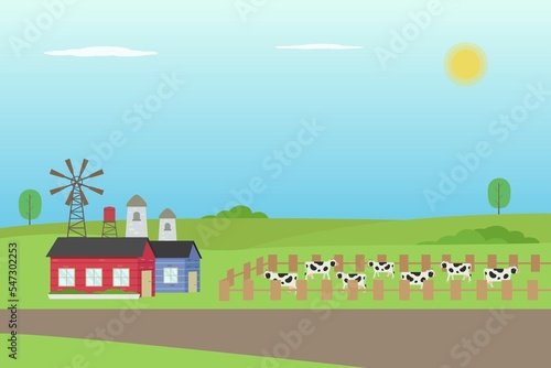 Farmland landscape with farmhouse and cow herd grazing on the field, flat design illustration