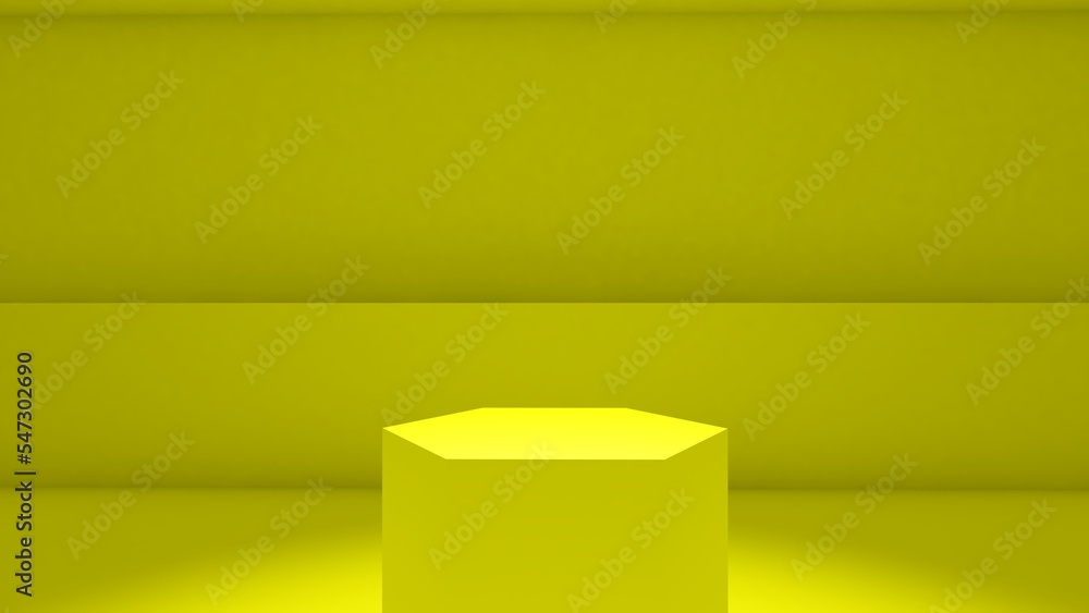 Blank yellow display on yellow background with minimal style and spot light. Blank stand for showing product. 3D rendering. Blank yellow display on yellow background with minimal style and spot light. Blank stand for showing product. 3D rendering.