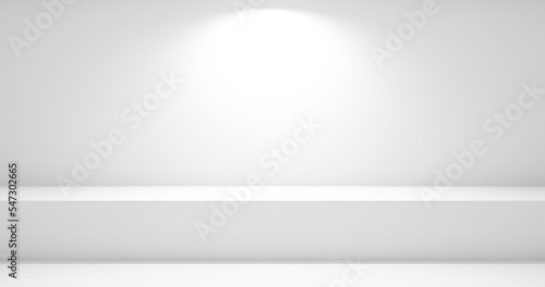 Blank white display on white background with minimal style and spot light. Blank stand for showing product. 3D rendering.