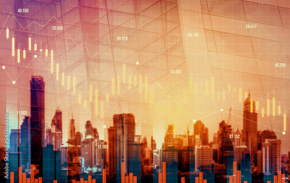 Economic crisis concept shown by declining graphs and digital ...