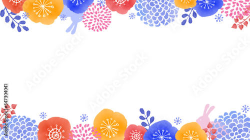 北欧風水彩タッチの花とうさぎのフレーム photo