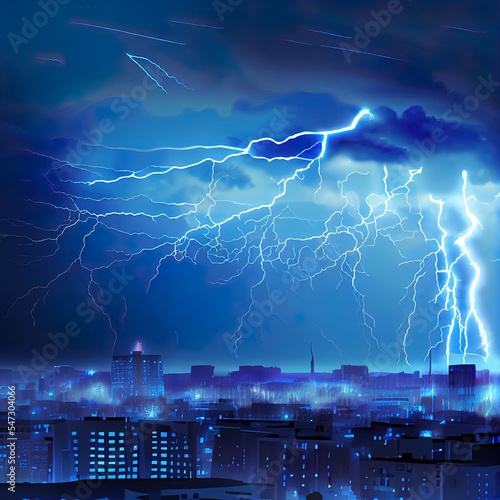 Lightning thunderstorm flash over the city at blue night sky Lightning storm over city in blue light