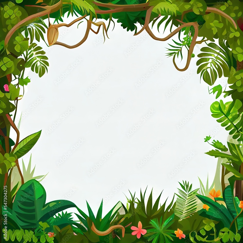 Naklejka premium Cartoon tropical jungles frame with liana branch vines, 2d illustrated background. Blank paper with frame border of forest plant thicket and tropical bushes of jungle tree ivy or wild tropical forest