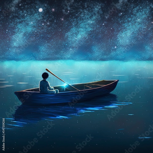 boy rowing a boat in the sea of the starry night with mysterious light, digital art style, illustration painting