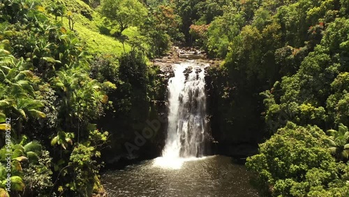 Aerial shot of a secret waterfall in Hamakua Coast in Big Island, Hawaii photo
