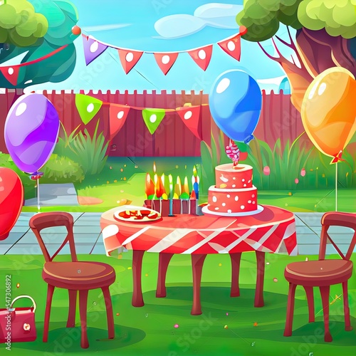 Birthday party decoration on yard. Flags garland, balloons, table and chairs for celebration kids anniversary outside. 2d illustrated cartoon illustration of garden with holiday cupcake and gift boxes