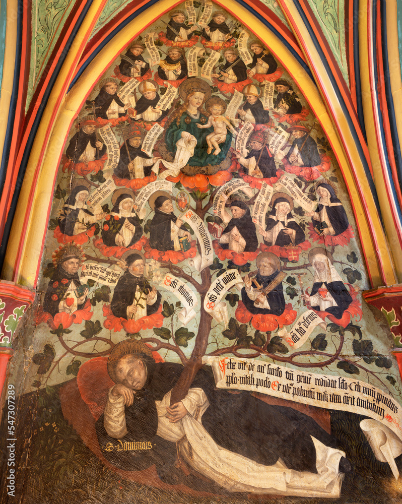BERN, SWITZERLAND - JUNY 27, 2022: The fresco of Madonna among the Dominican sanits in the church Franzosichche Kirche by anonym Nelkenmeister (1495-1500).