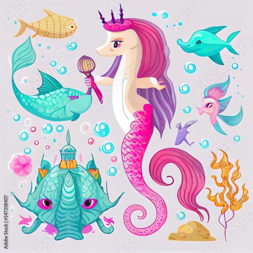 Sea cartoon unicorn. Mermaid character, fish and seahorse. Cartoon cat with mermaids tail, underwater turtle and creature. Mythical nowaday 2d illustrated sea kit