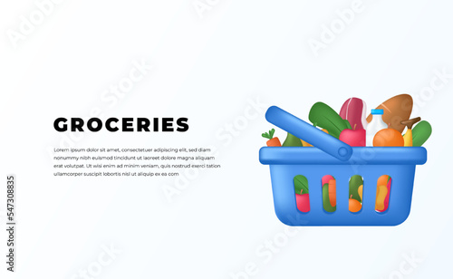 fresh Groceries retail product shopping in the blue cart vegetable, fruit, milk, bread,