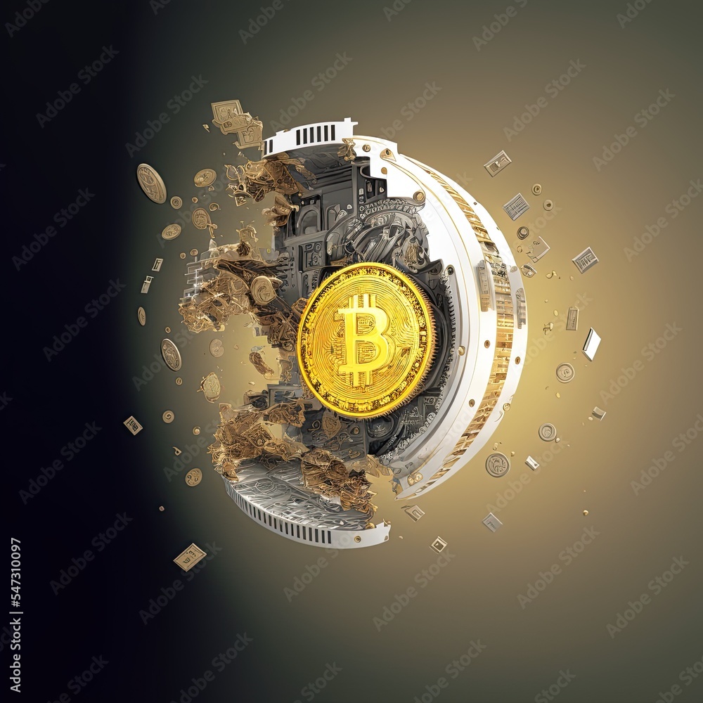 Bitcoin explodes as a clock, spreading broken pieces and gears. Concept bearish scenario on Bitcoin price and exploded crypto bubble. Concept of attack on the cryptocurrency market and regulation. - obrazy, fototapety, plakaty 
