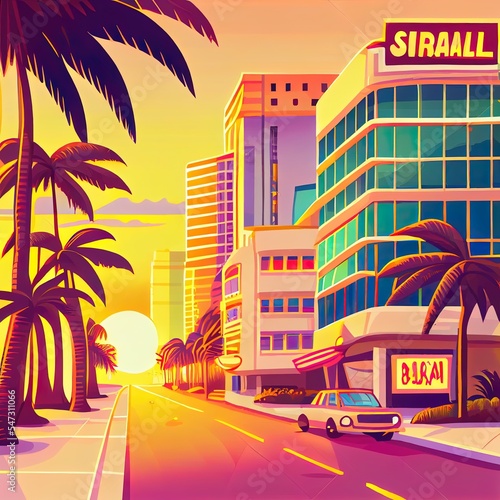 Street in Miami with hotels, sand beach and palm trees. 2d illustrated cartoon tropical landscape with buildings in resort city at sunset. Summer cityscape with empty road and rescue tower on sea © AkuAku