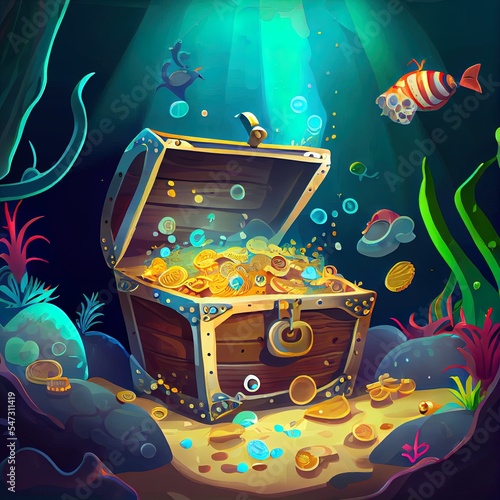 Cartoon underwater world with open pirate treasure chest. Sunken wooden box with golden crown, shining coins and gems. Sea sandy bottom with wealth in ocean. Wreck ship and old anchor on deep seabed.