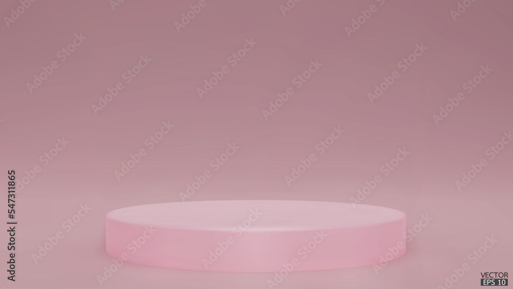 Shiny pink color round pedestal on studio backdrops. Pink Blank display or clean room for showing product. Minimalist mockup for podium display or showcase. 3D vector illustration. Shiny pink color round pedestal on studio backdrops. Pink Blank display or clean room for showing product. Minimalist mockup for podium display or showcase. 3D vector illustration.