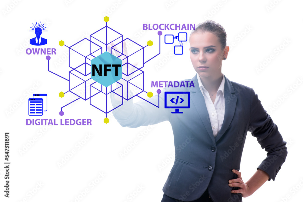 Businesswoman in NFT non fungible concept Businesswoman in NFT non fungible concept