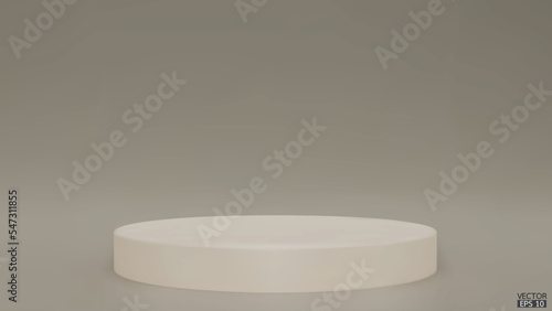 Shiny Beige color round pedestal  on studio  backdrops. Ivory  Blank display or clean room for showing product. Minimalist mockup for podium display or showcase. 3D vector illustration.
