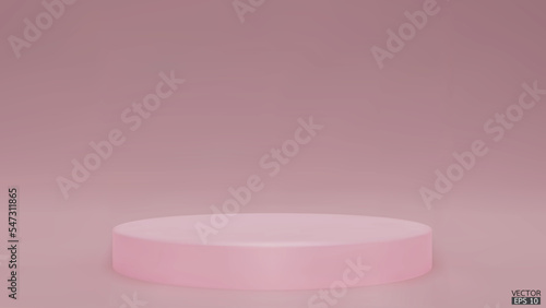 Shiny pink color round pedestal on studio backdrops. Pink Blank display or clean room for showing product. Minimalist mockup for podium display or showcase. 3D vector illustration.