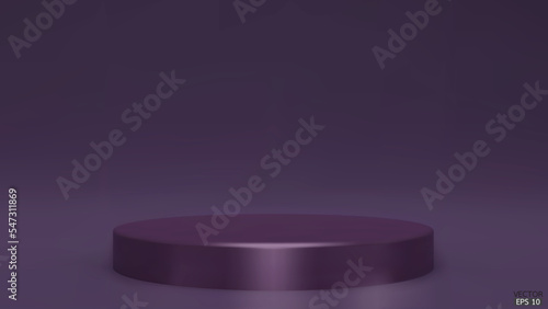 Shiny purple color round pedestal on studio backdrops. Magenta Blank display or clean room for showing product. Minimalist mockup for podium display or showcase. 3D vector illustration.