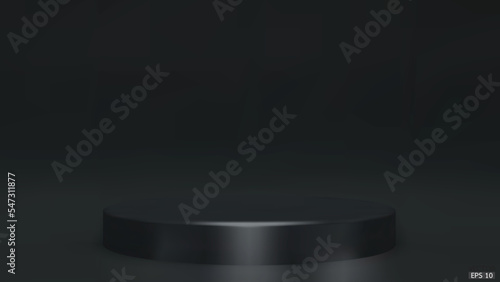Shiny black round pedestal on studio backdrops. Dark Blank display or clean room for showing product. Minimalist mockup for podium display or showcase. 3D vector illustration.
