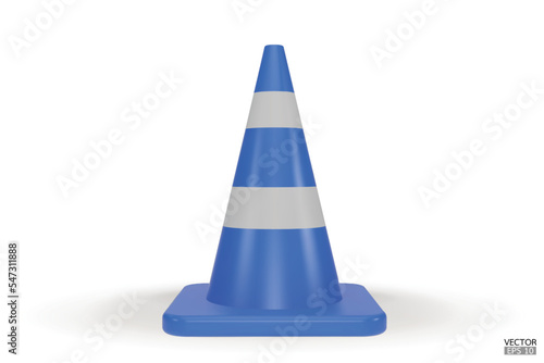 3d traffic cones with white and blue stripes isolated on white background. Construction cone icon. Single blue traffic warning cone. Under construction, and maintenance. 3D vector illustration.