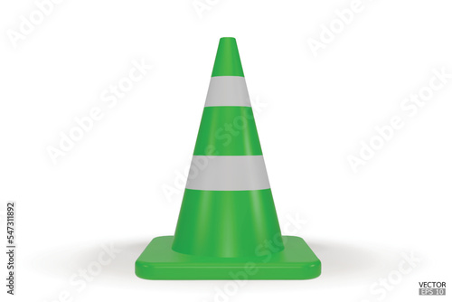 3d traffic cones with white and green stripes isolated on white background. Construction cone icon. Single green traffic warning cone. Under construction, and maintenance. 3D vector illustration.