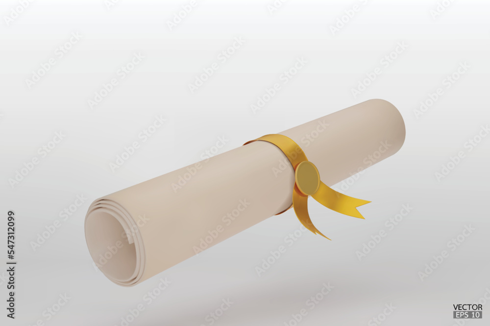 Diploma, close up of paper scroll with yellow ribbon isolated on white background. Graduation Degree Scroll with Medal. Education certificate graduation scroll icon. 3D vector illustration. Diploma, close up of paper scroll with yellow ribbon isolated on white background. Graduation Degree Scroll with Medal. Education certificate graduation scroll icon. 3D vector illustration.