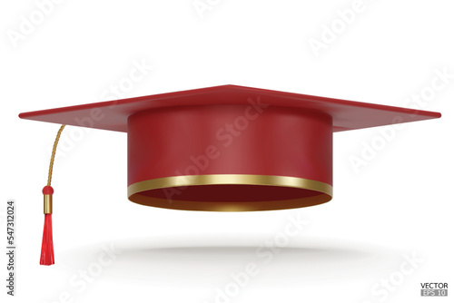 3D realistic Graduation university or college red cap isolated on white background. Graduate college, high school, Academic, or university cap. Hat for degree ceremony. 3D vector illustration.