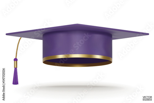 3D realistic Graduation university or college purple cap isolated on white background. Graduate college, high school, Academic. Purple Hat for degree ceremony. 3D vector illustration.